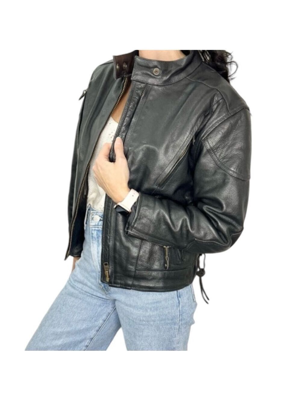 Screaming Eagle black leather lace up motorcycle jacket S